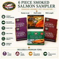 6 Piece Smoked Salmon Sampler — Canadian gourmet gift collection with candied salmon, salmon nuggets and smoked salmon gift boxes