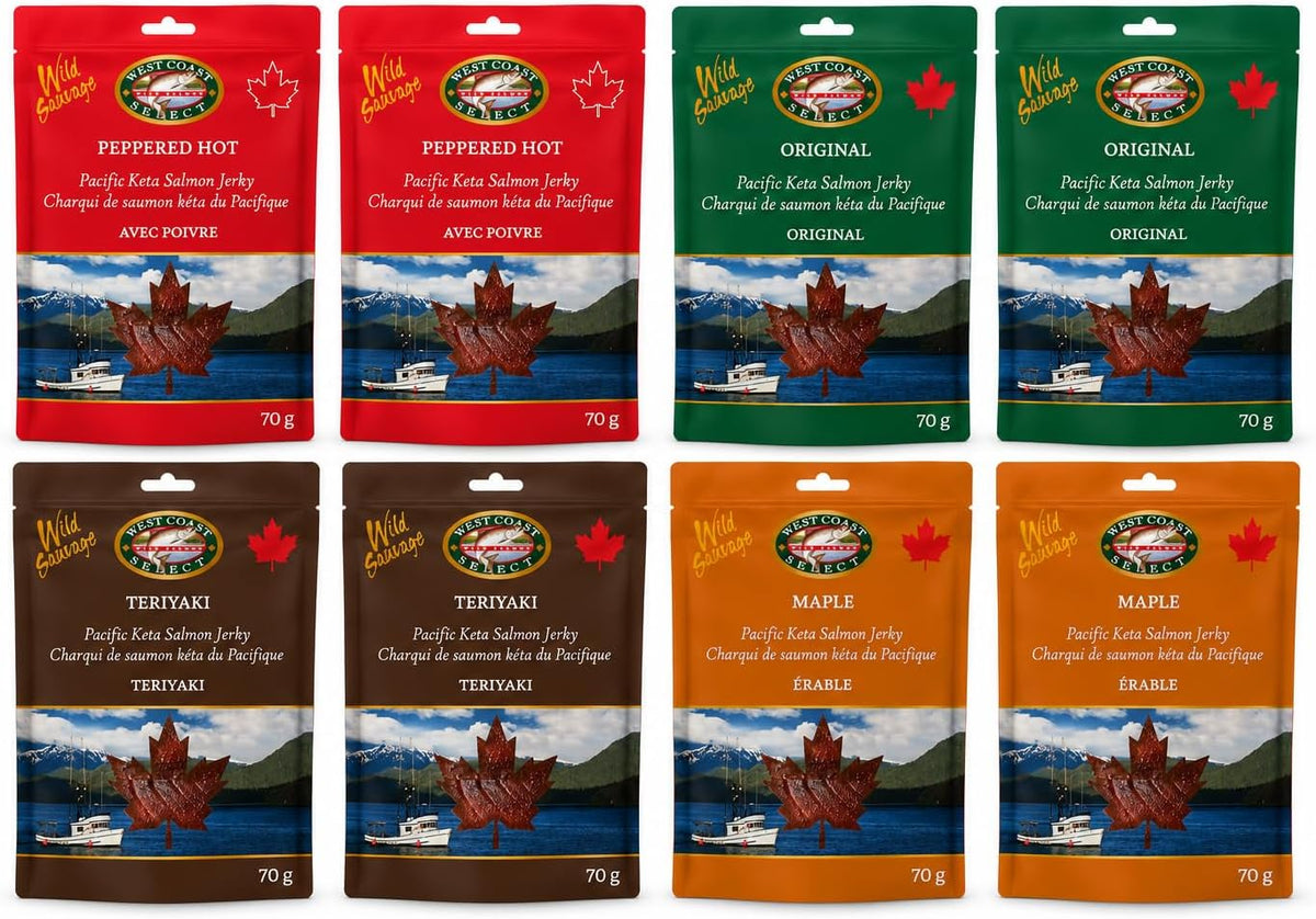 Wild Salmon Jerky Variety Box — 8 bags of wild Pacific salmon jerky, two of each flavour