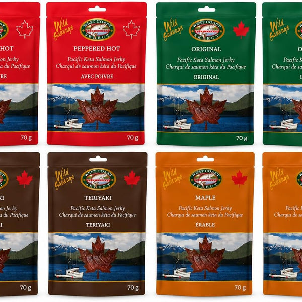 Wild Salmon Jerky Variety Box — 8 bags of wild Pacific salmon jerky, two of each flavour