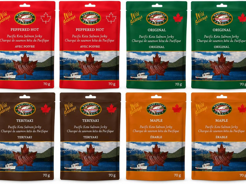 Wild Salmon Jerky Variety Box — 8 bags of wild Pacific salmon jerky, two of each flavour