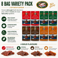 Wild Salmon Jerky 8 Bag Variety Pack — 2 bags of each flavour: Original, Peppered Hot, Maple and Teriyaki