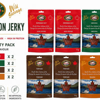 Wild Salmon Jerky Variety Pack flavour lineup — wild caught, Canadian made, high in protein