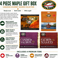 4 Piece Maple Gift Box — Canadian gourmet salmon collection with maple jerky, candied salmon, smoked salmon fillet and salmon nuggets