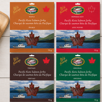 All four wild Pacific salmon jerky flavours in 70g bags