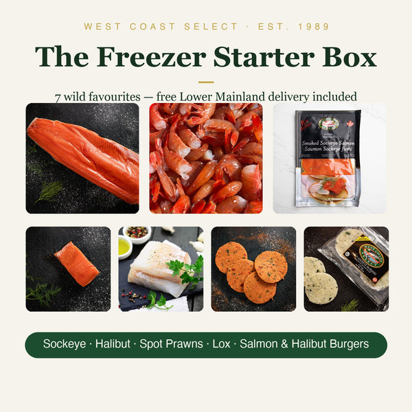 The Freezer Starter Box — 7 wild BC favourites: sockeye fillet and portions, halibut, spot prawns, lox, and salmon & halibut burgers