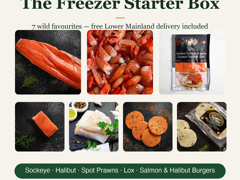 The Freezer Starter Box — 7 wild BC favourites: sockeye fillet and portions, halibut, spot prawns, lox, and salmon & halibut burgers