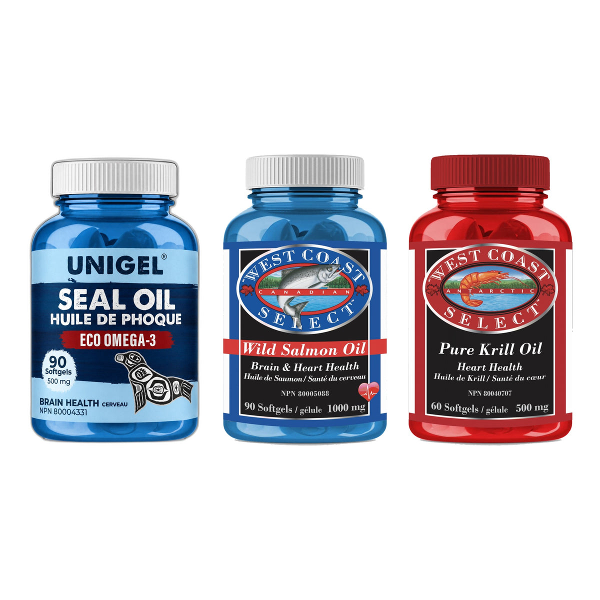 Marine Omega-3 Pack — Seal Oil, Wild Salmon Oil and Pure Krill Oil bottles side by side