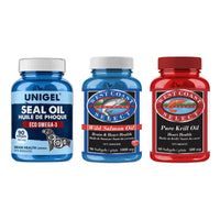 Marine Omega-3 Pack — Seal Oil, Wild Salmon Oil and Pure Krill Oil bottles side by side