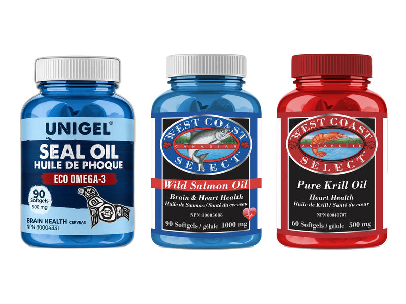 Marine Omega-3 Pack — Seal Oil, Wild Salmon Oil and Pure Krill Oil bottles side by side