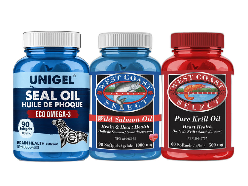 West Coast Select Marine Omega-3 Pack: Unigel Seal Oil, Wild Salmon Oil and Pure Krill Oil